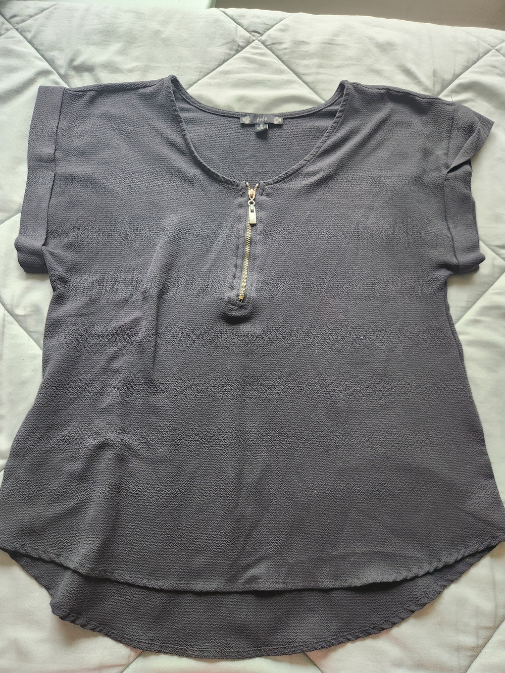 WORTHINGTON Women's Slate Gray Short Sleeve Zip-Neck Top